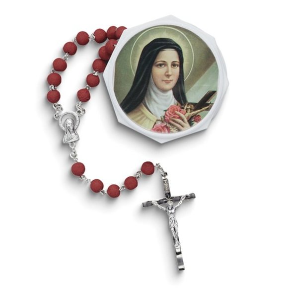 Silver-tone Saint Theresa Crushed Rose Petal Beads Rosary and Keepsake Box - Picture 1 of 1